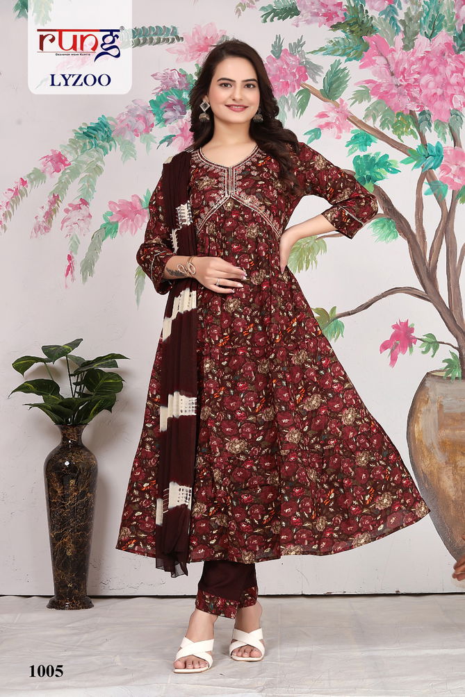 Lyzoo By Rang Rayon Alia Cut Embroidery Long Kurti With Bottom Dupatta Wholesale Price In Surat